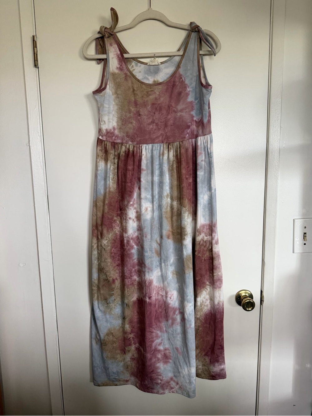 See You Monday Tie-Dye Midi Dress in Mauve, Light Blue & Taupe